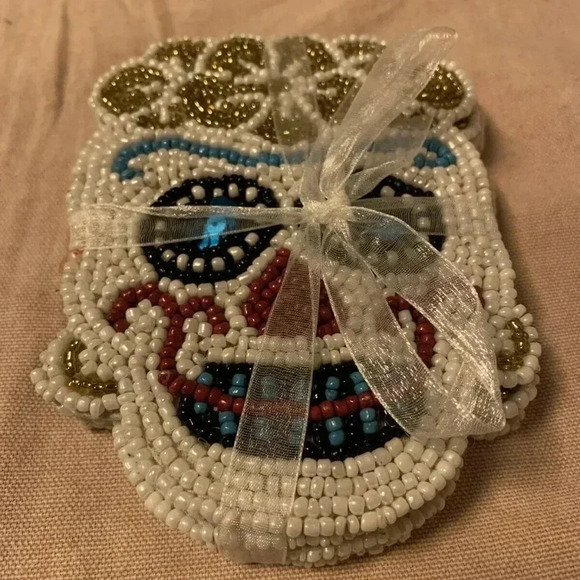 NEW Day of the Dead Colorful Skull Beaded 4pc Coaster Set - Picture 2 of 2